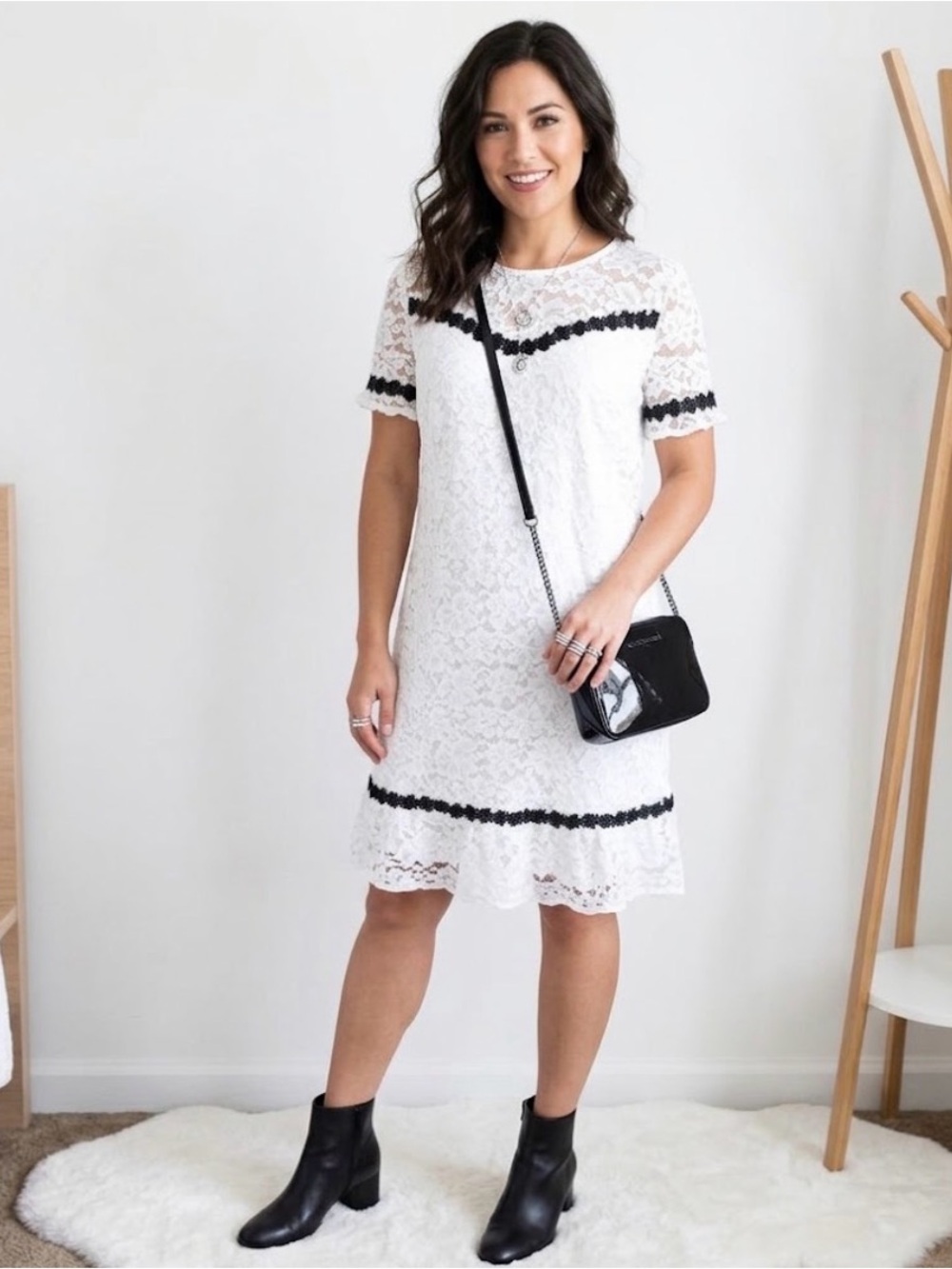 Karl Lagerfeld White Lace Shift Dress Black trim Size 14 NWT Wedding Cocktail